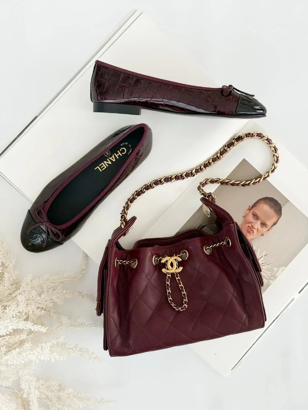 Chanel Croc Embossed Burgundy Flats | Size 39